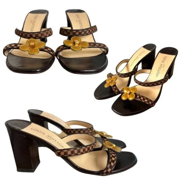 90'S Y2K VINTAGE LOUIS VUITTON STRAPPY FLOWER CHECKER FUR SLIDES HEELS SZ. 7 - Picture 4 of 6